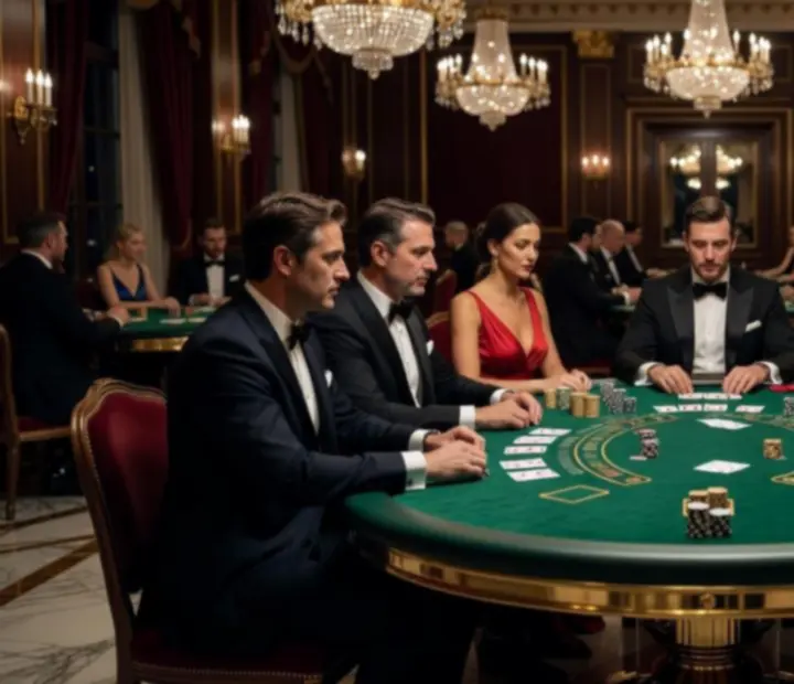 Luxus blackjack terem mahagóni asztalokkal és elegáns játékosokkal a Veltorixx kaszinóban