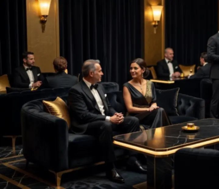 Elegáns lounge rész luxus kaszinóban, kényelmes kanapékkal és hangulatos megvilágítással