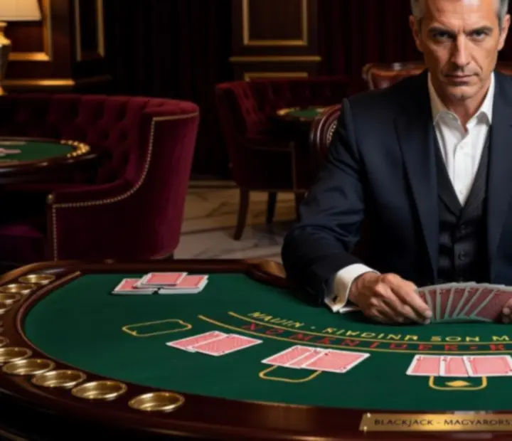 Profi blackjack osztó elegáns öltönyben, zsetonokkal és kártyákkal a Veltorixx kaszinóban